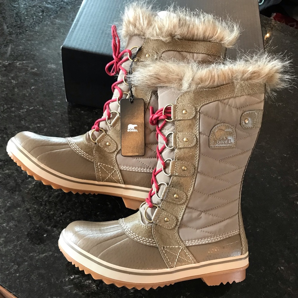New Sorel Tofino II Boot, Khaki Waterproof Winter Boots, Gold Faux Fur Glam Boot